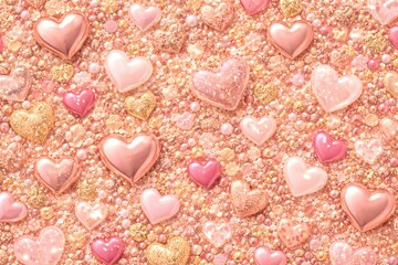 Obraz premium Rose gold pearl heart glitter texture luxury romantic background with shiny pink and gold hearts, romantic luxury style for valentine design, wedding decoration, beauty branding and love celebration.