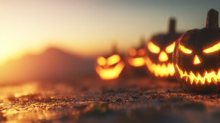 Halloween pumpkins lit at sunset in a field during fall season
