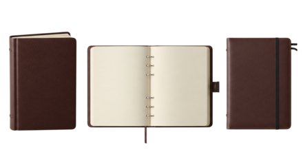 Brown leather notebooks, closed and open, isolated on transparent background