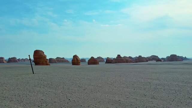 Unique Rock Formations In The Dunhuang Yardang National Geopark In Gansu Province, China. Panning Shot