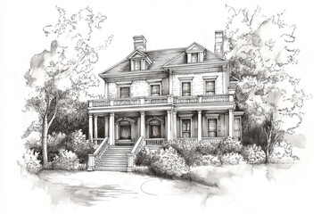 Hand-drawn illustration of a large traditional house with columns and porch