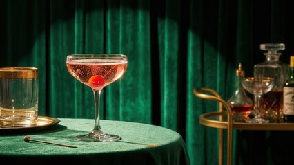 Elegant Cocktail Glass with Cherry on a Green Table