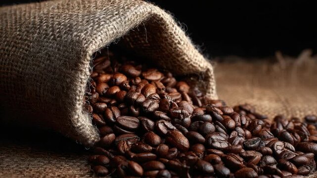 Coffee Beans Pouring Forth: An inviting burlap sack spills a cascade of rich, roasted coffee beans, a visual feast for the senses, capturing the essence of aromatic coffee.