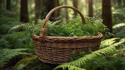 A woven basket filled with fresh greens and herbs resting on mossy ground in a serene forest setting