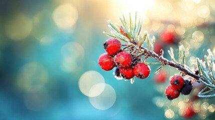 Winter berries on a frosty branch in a bright sunlight setting