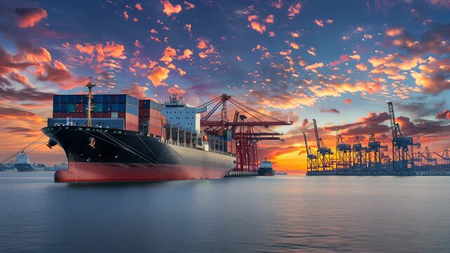 Sunrise at shipyard  container cargo ship and plane operations in logistics transport industry