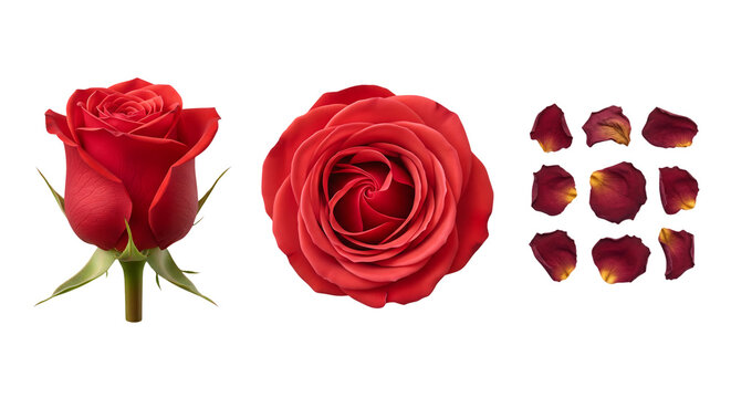 Red rose, side and top view with petals, isolated on transparent background