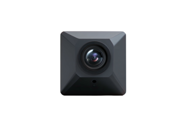 A close-up studio shot of a dark-gray, squared security camera