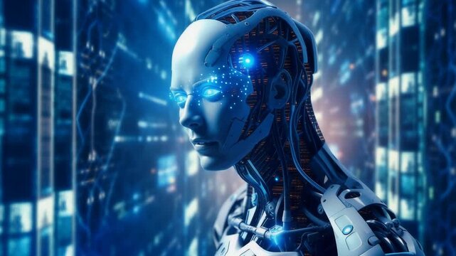 Close-up of a futuristic humanoid AI robot with glowing blue eyes in a high-tech digital environment symbolizing artificial intelligence advanced robotics and next-generation computing