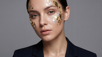 Striking Beauty with Gold Leaf Makeup and Elegant Style