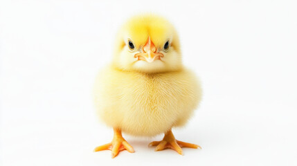 Obraz premium Angry chick yellow chick cute chick fluffy chick baby chicken small bird farm animal white background studio portrait front view funny expression angry face bright color poultry Easter theme