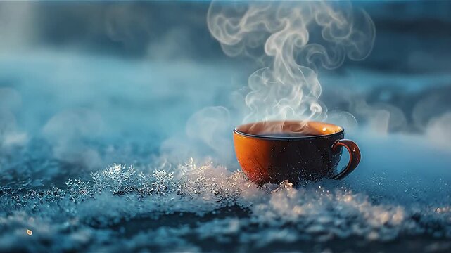 A transition from spring to winter concept. A steaming cup of hot beverage surrounded by frost and snowflakes in a cool setting.