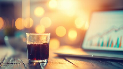 Brown drink in clear glass beside laptop with graphs and warm lights