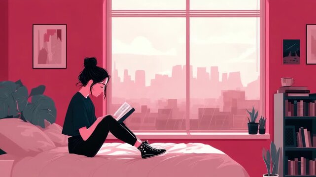 teenage girl reads a book in childs room illustrated animation