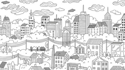 Obraz premium Black and white cityscape with buildings and clouds