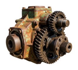Rusty mechanical gearbox workshop industrial equipment isolated on transparent background