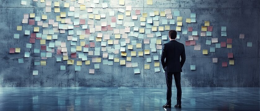 Businessman Analyzing Ideas on Colorful Sticky Notes Wall