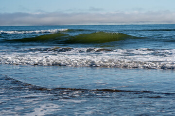 A translucent green wave rises on the ocean as foamy surf crashes on the shore, capturing the vivid movement and energy of coastal waters. Sea of Okhotsk, Sakhalin Island