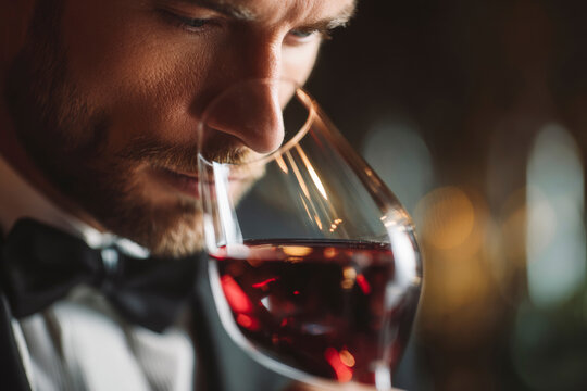 Professional sommelier evaluating wine color in crystal glass, close-up, soft reflections, tuxedo, rich red tones, shallow depth of field, luxury style. Generative AI image