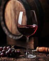 Naklejka premium Elegant Glass of Red Wine Beside Barrel and Grapes