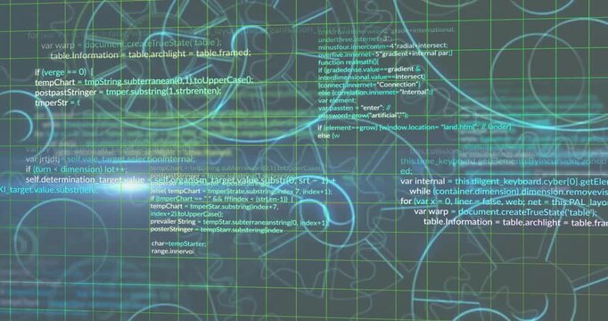 Animation of mechanical gears, lens flares and computer language over abstract background