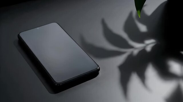 Smartphone Lying Flat with Leaf Shadows Tech Copy Space