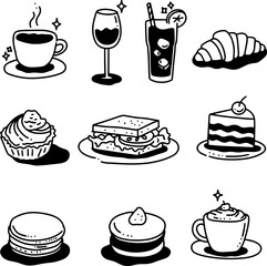 Kawaii cafe and dessert doodle icon set, cute hand drawn coffee, cake, sandwich, and croissant with shadow, minimal black and white line art vector for bakery menu and stickers.