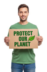 Environmental advocacy man holding planet protection sign isolated on transparent background