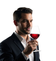 Man enjoying red wine in formal attire against isolated on transparent background