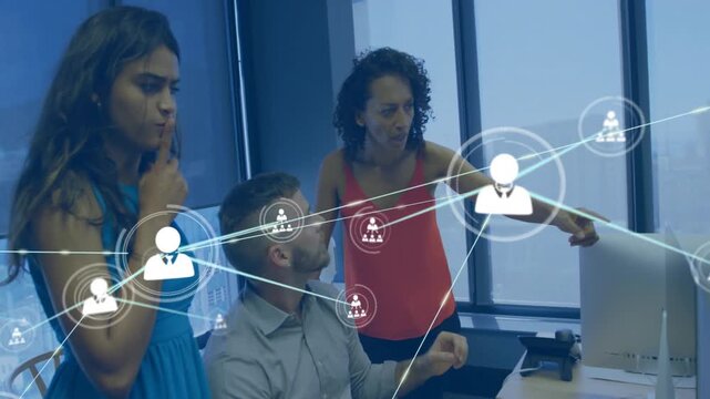 Animation of network of connections with icons over diverse business people in office