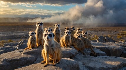 Fototapeta premium Group of meerkats perched on rocks during sunset, with a smoky landscape in the background