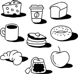 Kawaii breakfast and bakery doodle icon set, cute hand drawn coffee, donut, pancake, and bread with shadow, simple black and white line art vector for cafe menu and stickers.