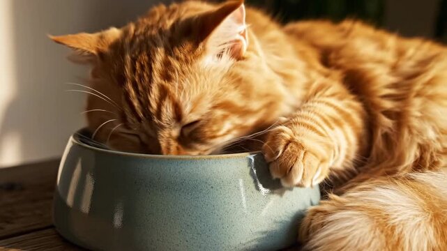Ginger cat face-first in food bowl, paws on rim, bathed in sunlight, feline bliss