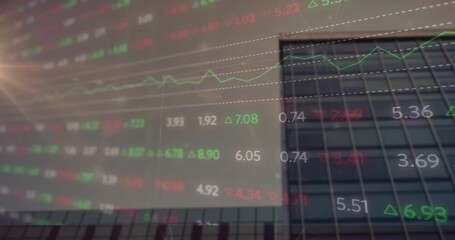 Animation of financial data processing over office building - Powered by Adobe