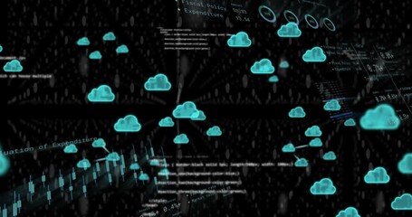 Animation of processing data, charts and cloud icons transferring data on black background - Powered by Adobe