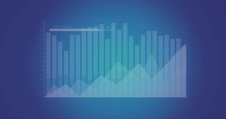 Animation of diagrams and data processing over blue background - Powered by Adobe