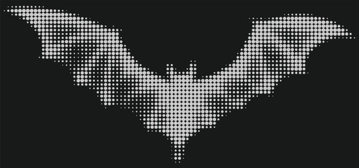 Flying mouse with extended wings, half tone icon design. Bats silhouette on black background. Vector illustration