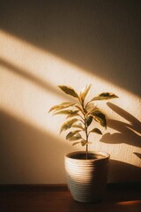 Fototapeta premium A potted plant on a wooden surface, bathed in warm sunlight with long diagonal shadows on a textured wall. Concept Potted plant on a wooden surface, Warm sunlight, Long diagonal shadows