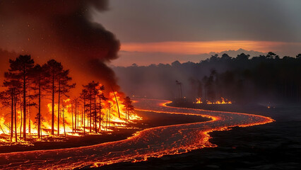 Forest fire at sunset, isolated on transparent background
