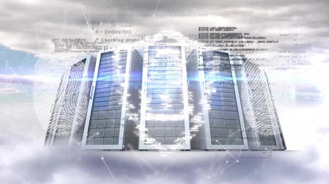 Animation of padlock icon and data processing over computer servers