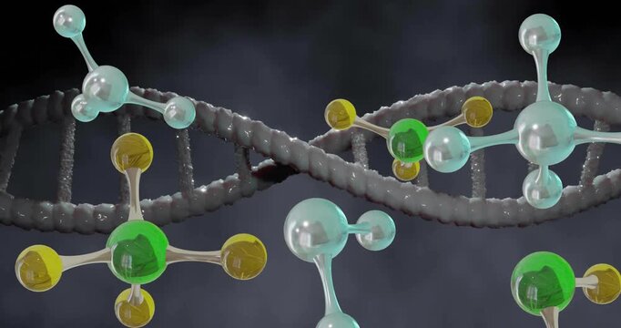 Animation of dna strand spinning and molecules on grey background