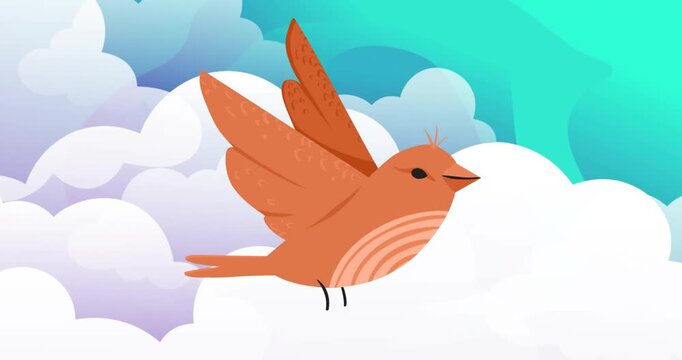 Animation of red bird over clouds and blue shapes
