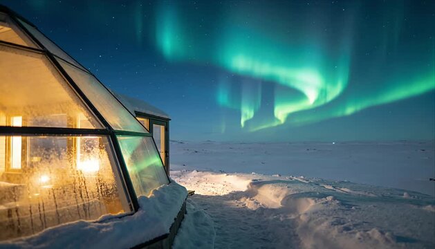 Northern light winter night glass igloo snow landscape frozen ground warm cabin sky aurora polar region remote travel arctic tourism aurora night sky over snowy winter landscape with glowing glass