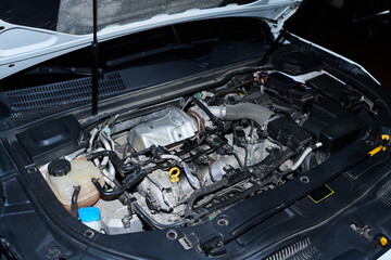 Car engine compartment showing detailed view of mechanical components, hoses, and wiring with hood open, highlighting modern automotive engine layout and various engine parts