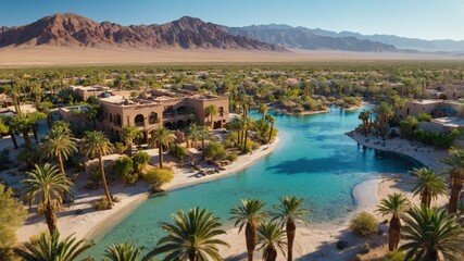Naklejka premium Aerial view of a luxurious resort surrounded by palm trees and a serene blue lagoon in a desert landscape