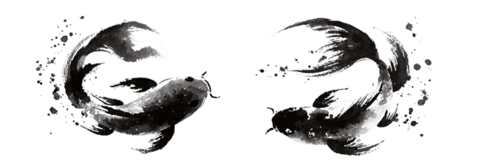 Artistic depiction of two aquatic creatures in a circle shape, created with brush strokes on a black background