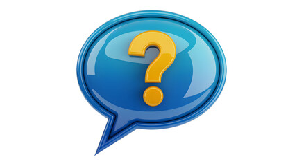 A blue speech bubble with a yellow question mark inside