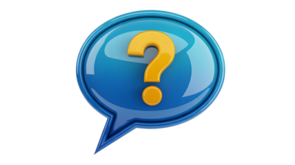 A blue speech bubble with a yellow question mark inside