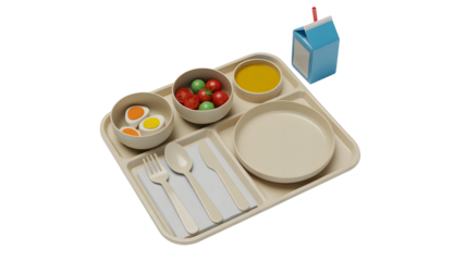 A child's meal tray with food and utensils on a black background