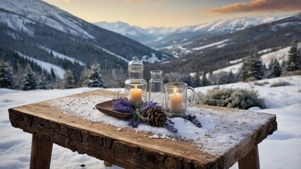 A serene winter scene featuring a rustic wooden table with candles and lavender overlooking snow-covered mountains during sunset